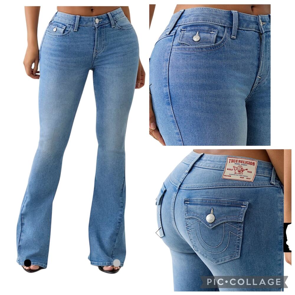 True Religion Joey Mid Rise Flap Pockets Flare Jeans Light Idyllic Wash Size 28
